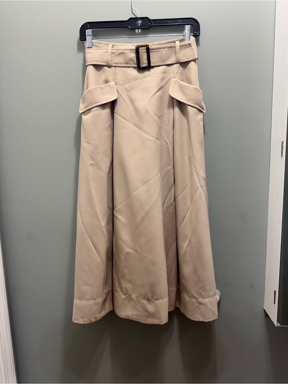 Beige A-Line Midi Skirt with Belt
